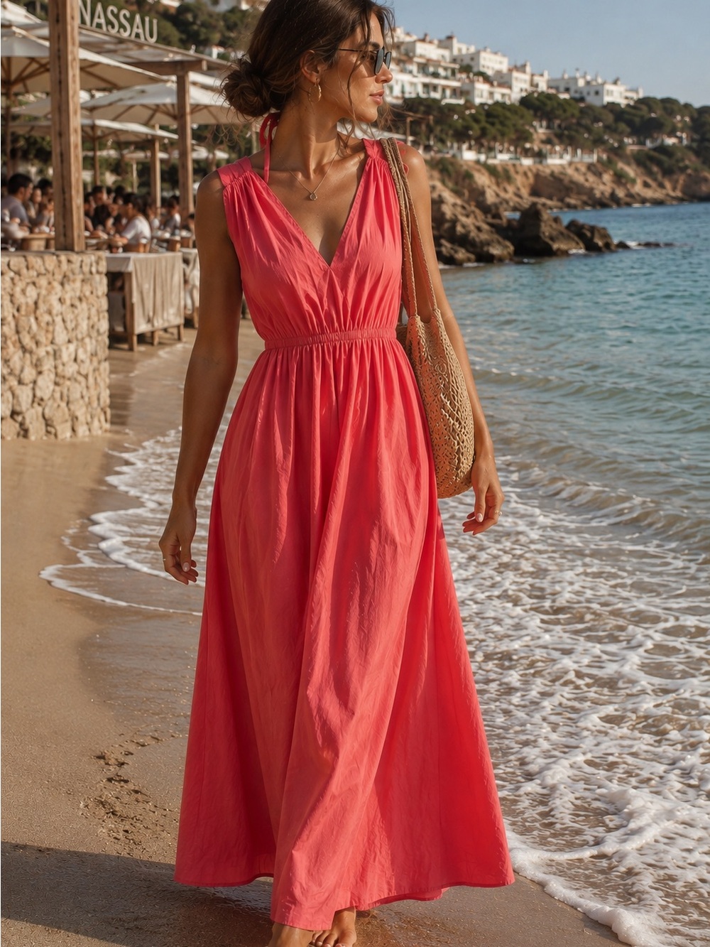 Lucy Paris Coral Pink 100% Cotton Maxi Dress Tie Back Pockets Size L